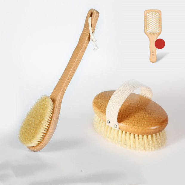 Natural bristle bath brush displayed on bathroom set


