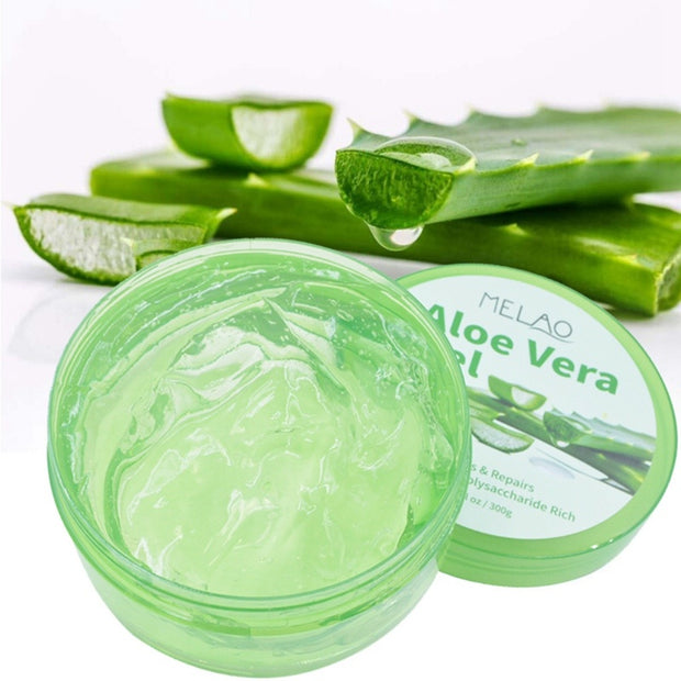 Moisturizing aloe vera gel displayed with fresh aloe leaves

