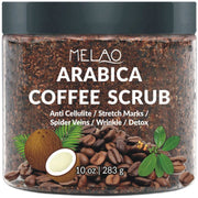 Coffee scrub skincare product displayed on spa set