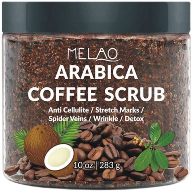 Coffee scrub skincare product displayed on spa set